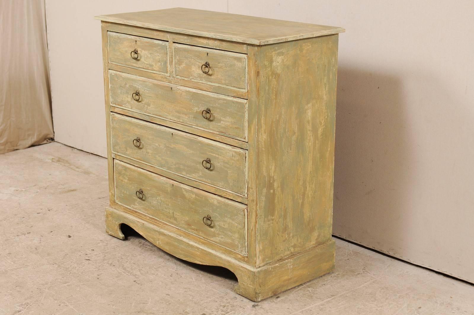 Swedish Painted Wood Five-Drawer Antique Chest in Green-Grey and Beige Tones In Good Condition In Atlanta, GA