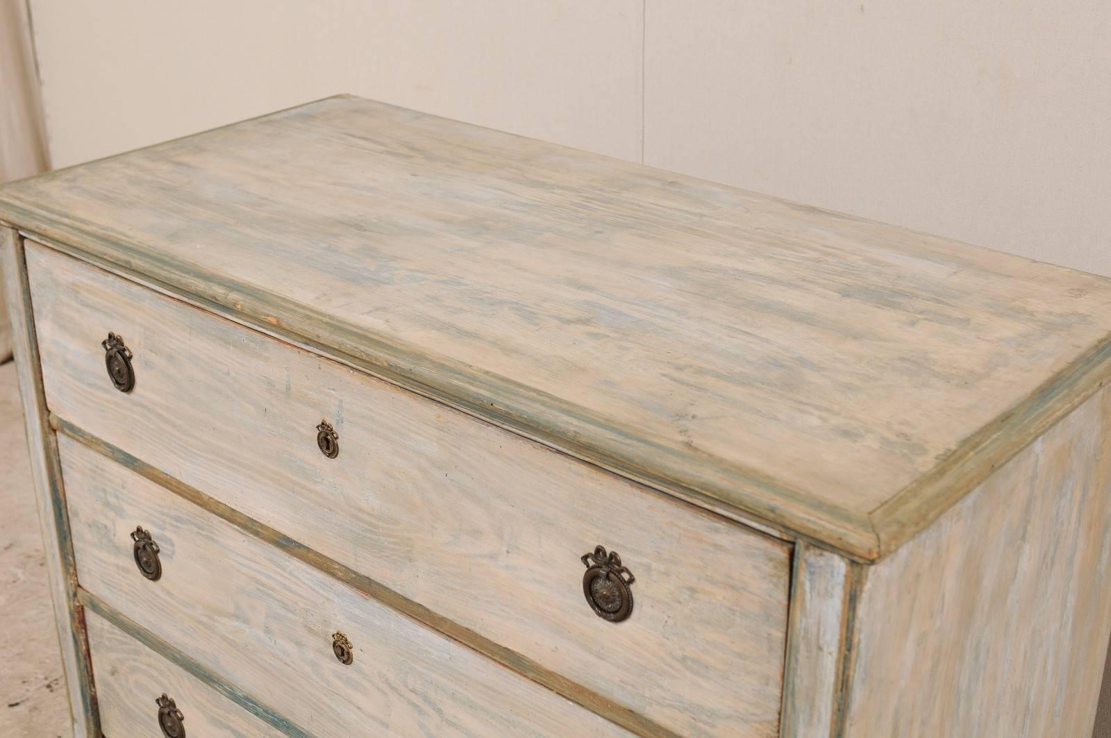 19th Century Swedish Karl Johan Three-Drawer Painted Wood Chest in Cream and Soft Teal