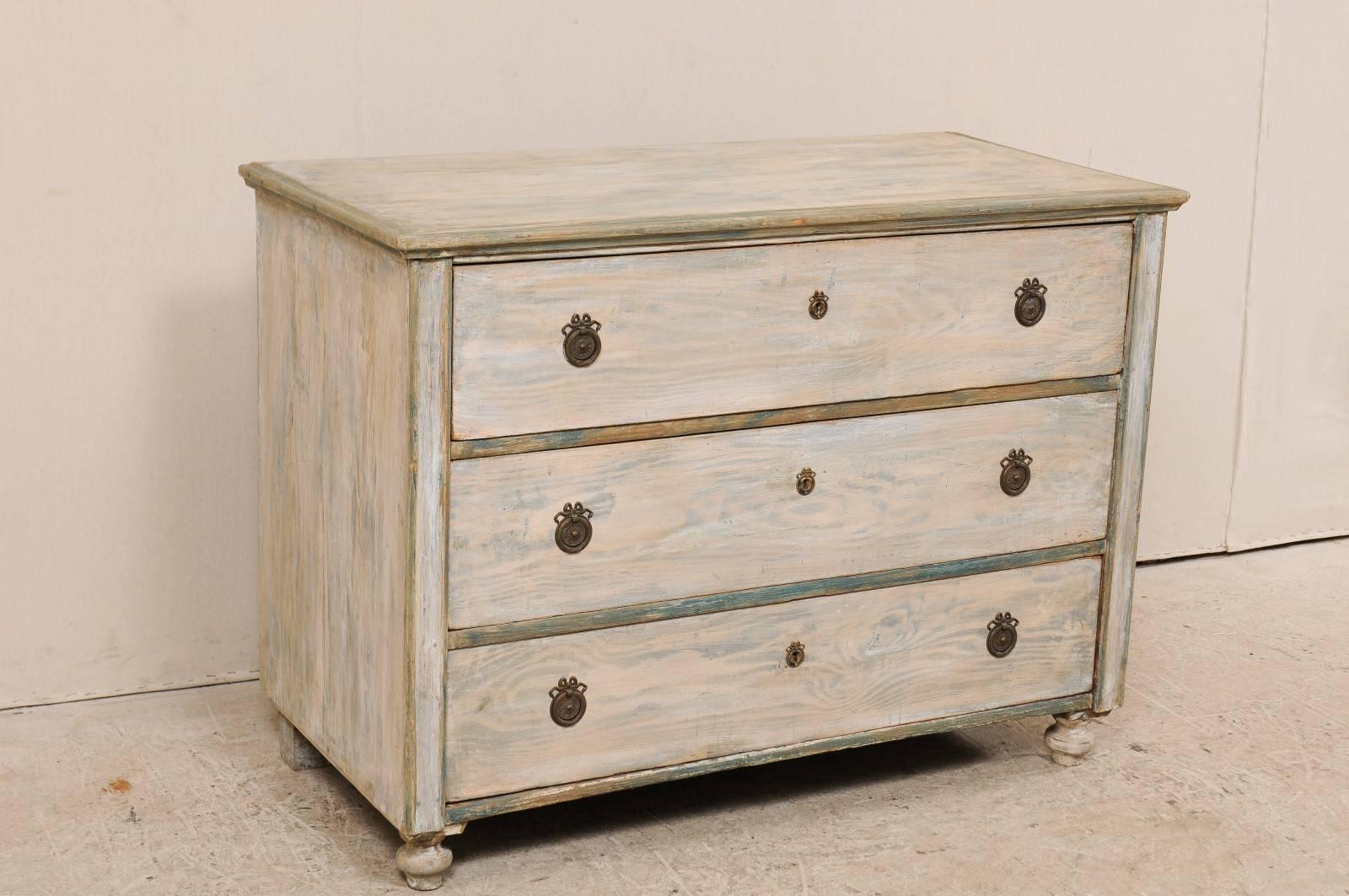 Carved Swedish Karl Johan Three-Drawer Painted Wood Chest in Cream and Soft Teal