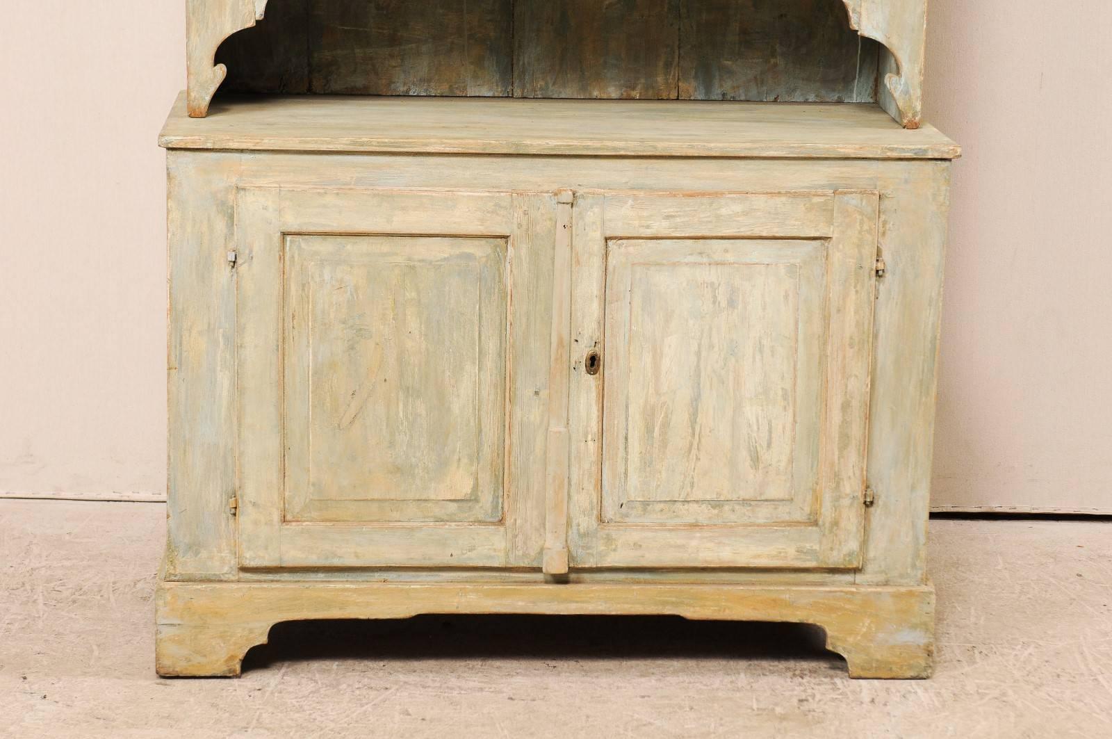 Carved 19th Century Swedish Karl Johan Painted Wood Two-Piece Cabinet with Shelves