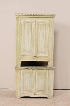 Swedish Corner Cabinet-- Late 18th Century Period Gustavian, Pale Green w/Cream