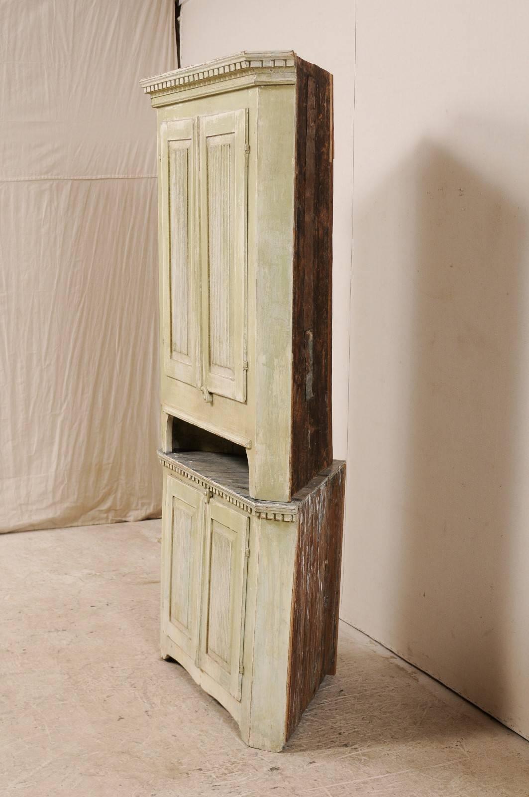 18th Century and Earlier Swedish Late 18th Century Period Gustavian Corner Cabinet, Pale Green w/Cream For Sale