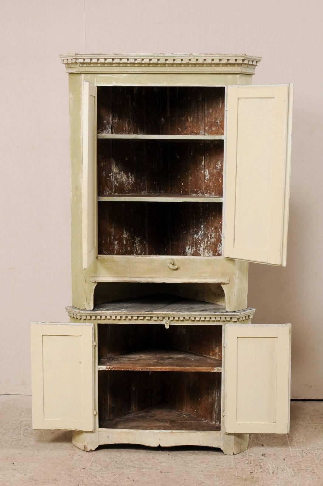 Wood Swedish Late 18th Century Period Gustavian Corner Cabinet, Pale Green w/Cream For Sale