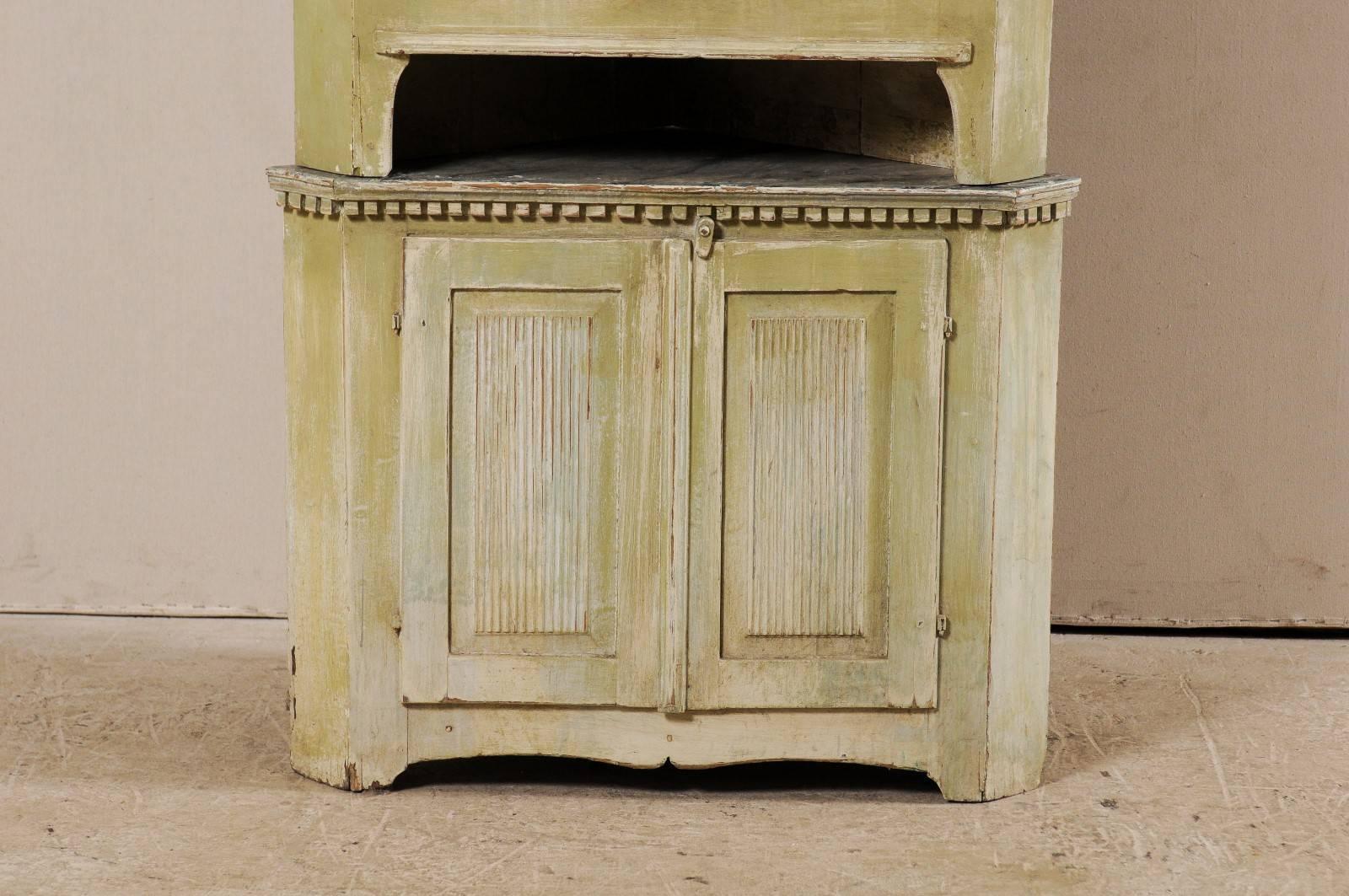 Carved Swedish Late 18th Century Period Gustavian Corner Cabinet, Pale Green w/Cream For Sale