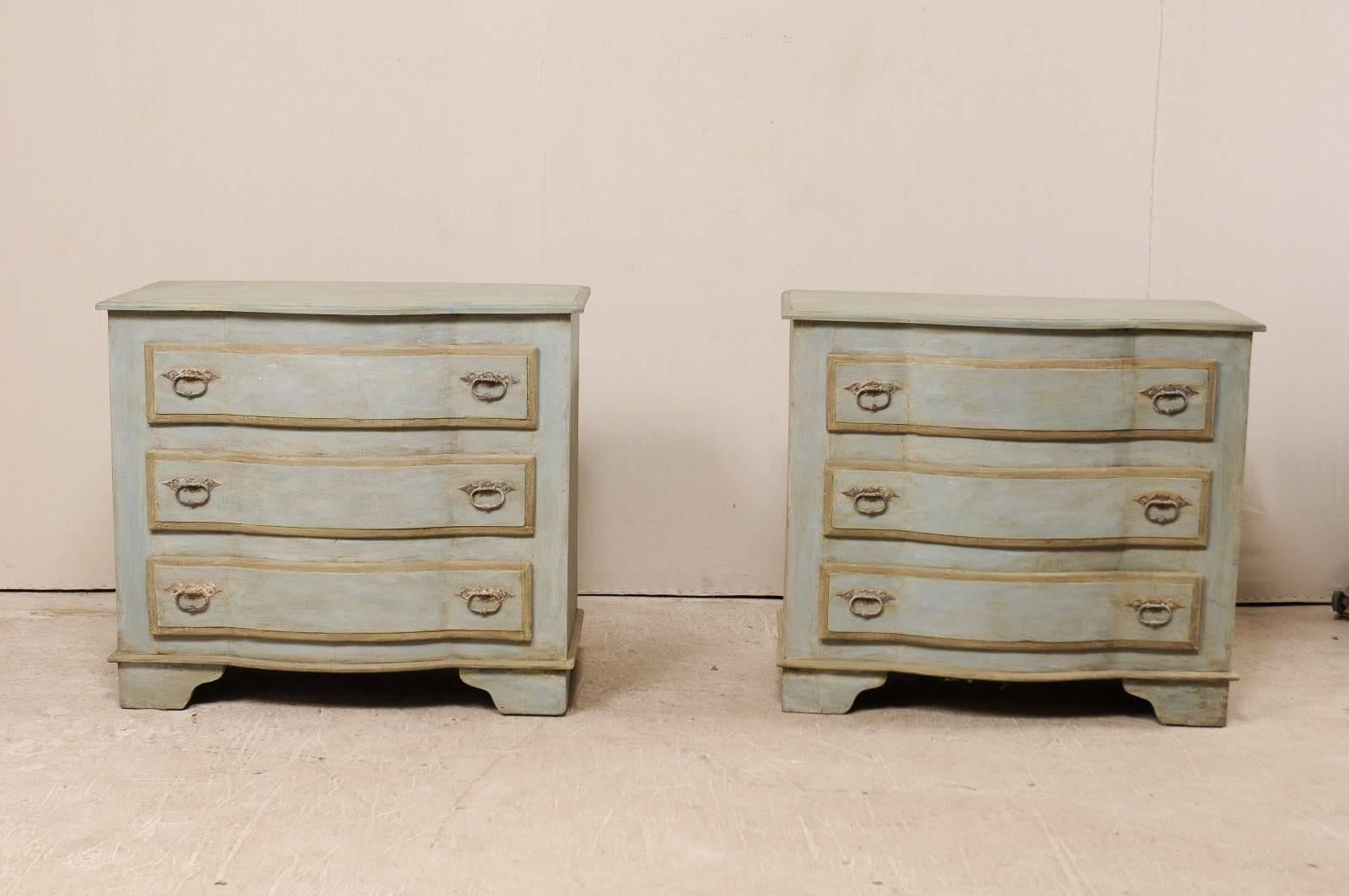 Pair of Painted Wood Three-Drawer Brazilian Chests in Soft Blue-Grey 4
