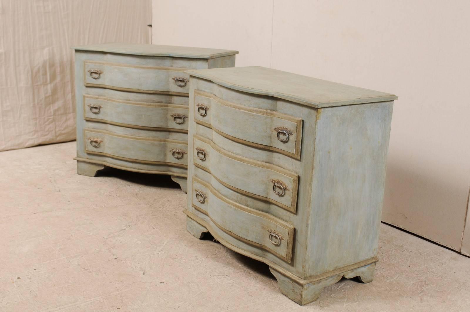 Pair of Painted Wood Three-Drawer Brazilian Chests in Soft Blue-Grey In Good Condition In Atlanta, GA