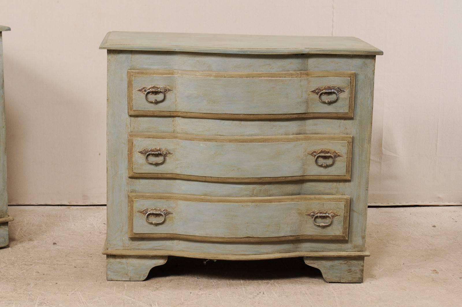 Carved Pair of Painted Wood Three-Drawer Brazilian Chests in Soft Blue-Grey