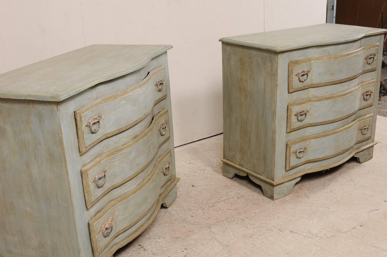 Pair of Painted Wood Three-Drawer Brazilian Chests in Soft Blue-Grey 1
