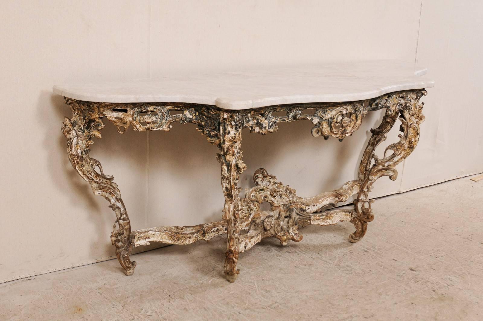 18th Century and Earlier Exquisite French 18th Century Richly Carved Wood and Marble Rococo Console Table
