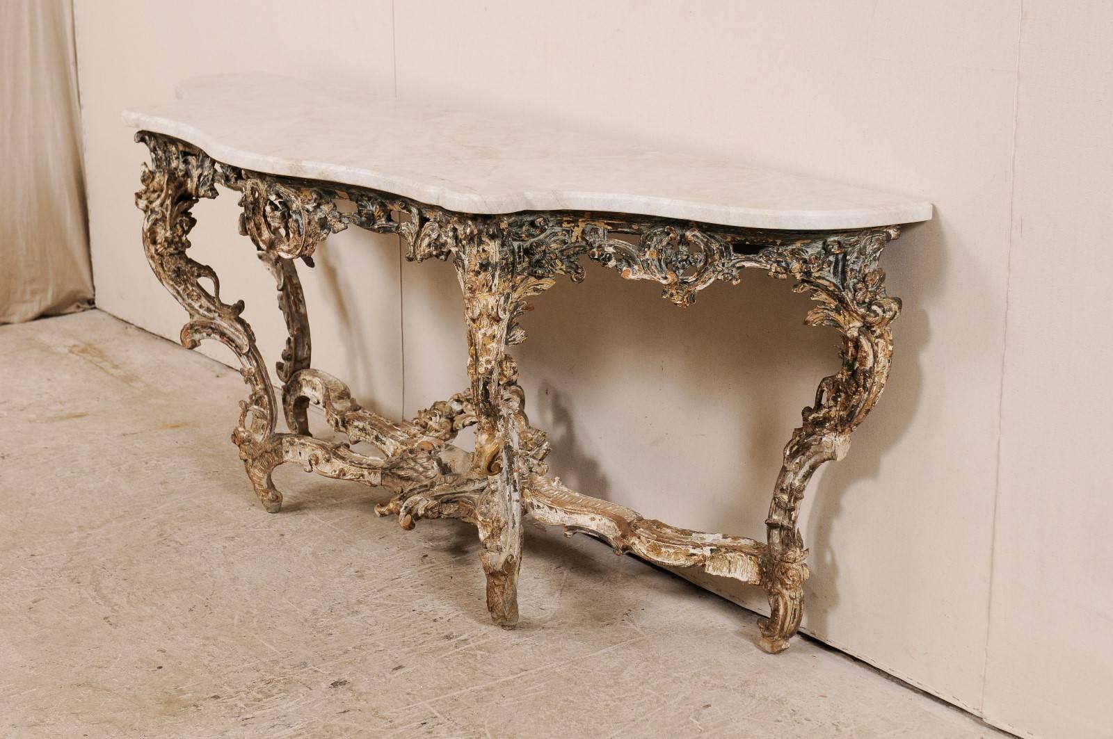 Exquisite French 18th Century Richly Carved Wood and Marble Rococo Console Table 1