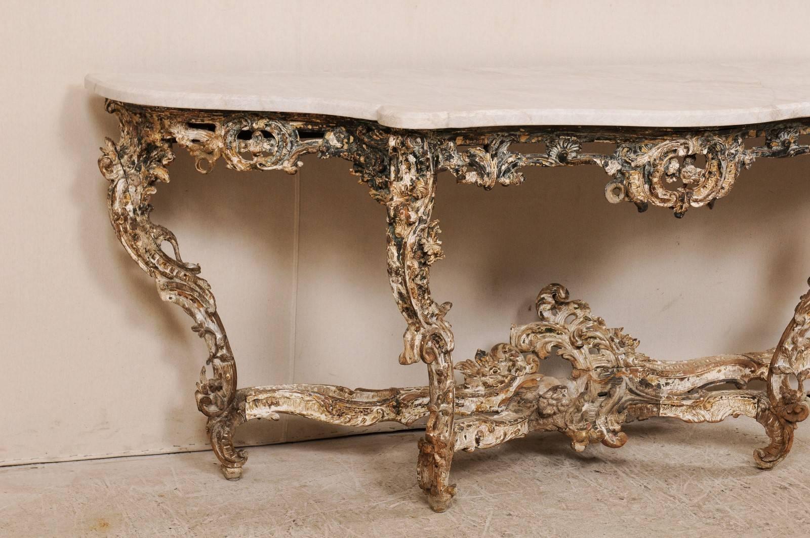 Exquisite French 18th Century Richly Carved Wood and Marble Rococo Console Table In Good Condition In Atlanta, GA