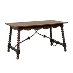 Spanish 19th Century Wood and Iron Stretchered Table with Bobbin Legs