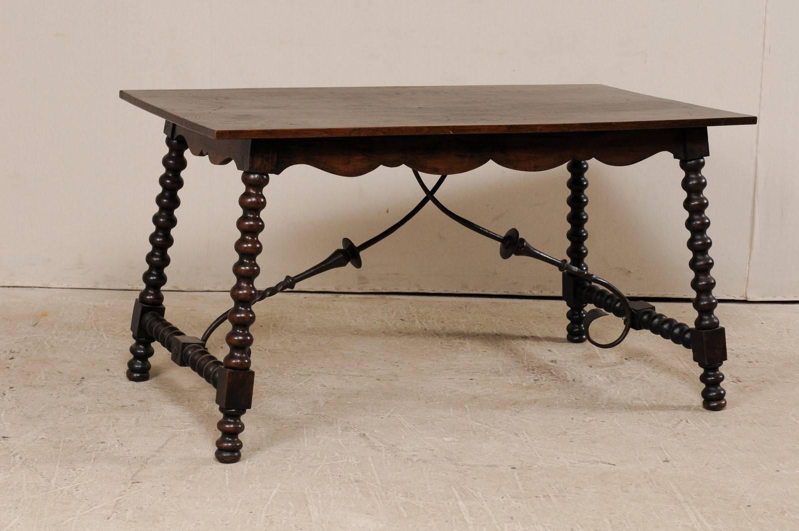 Turned Spanish 19th Century Wood and Iron Stretchered Table with Bobbin Legs