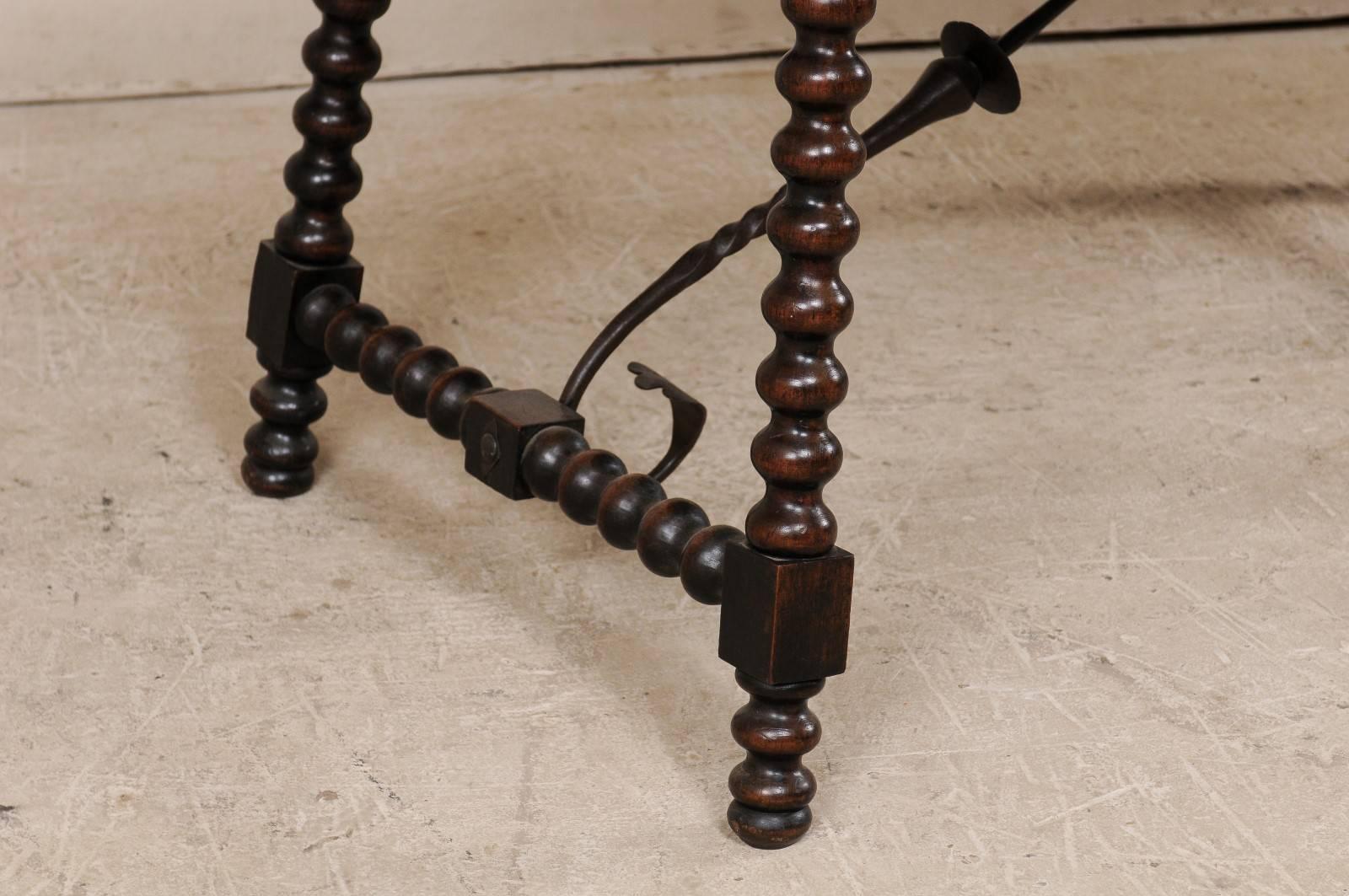 Metal Spanish 19th Century Wood and Iron Stretchered Table with Bobbin Legs