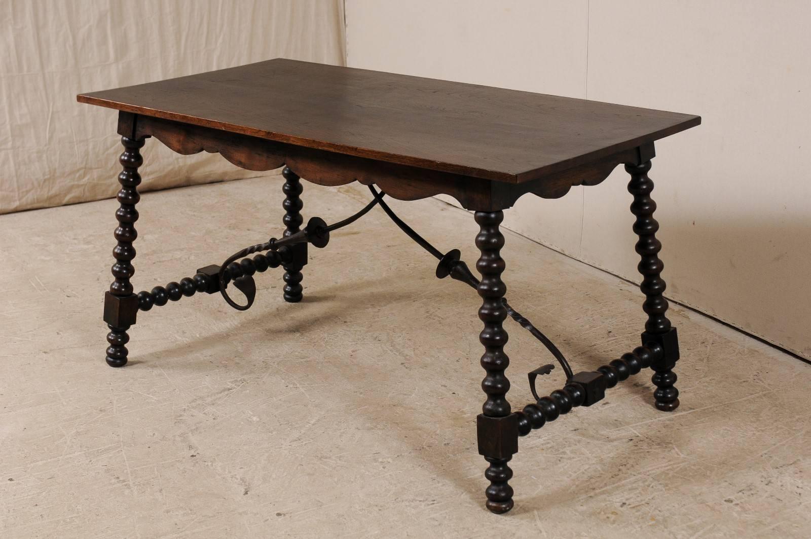 Spanish 19th Century Wood and Iron Stretchered Table with Bobbin Legs 2