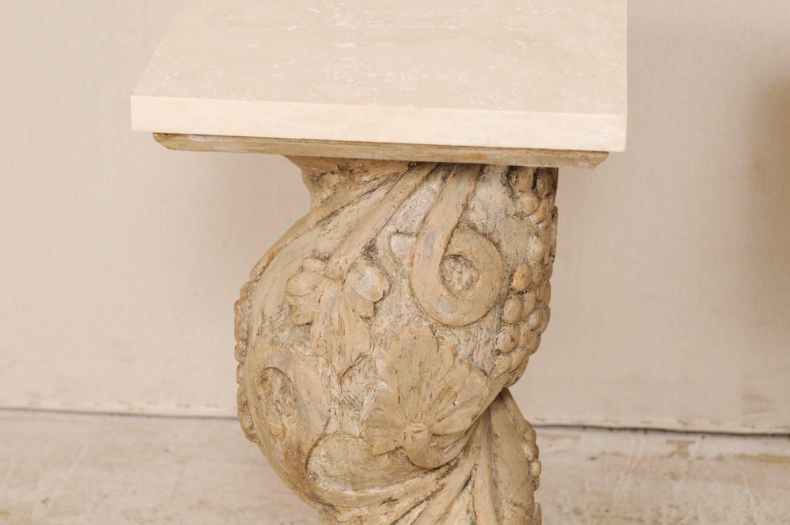 Pair of Italian 19th Century Carved Wood Twisting Pedestals with Marble Tops 3