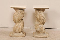 Pair of Italian 19th Century Carved Wood Twisting Pedestals with Marble Tops