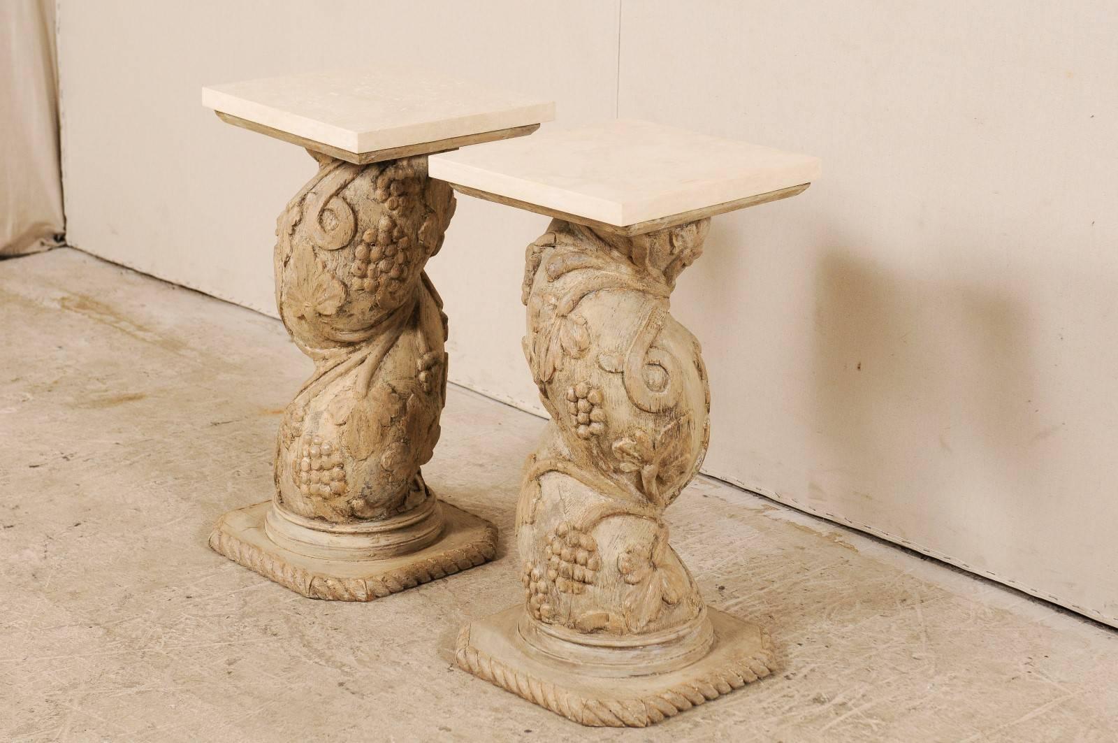 Pair of Italian 19th Century Carved Wood Twisting Pedestals with Marble Tops 1