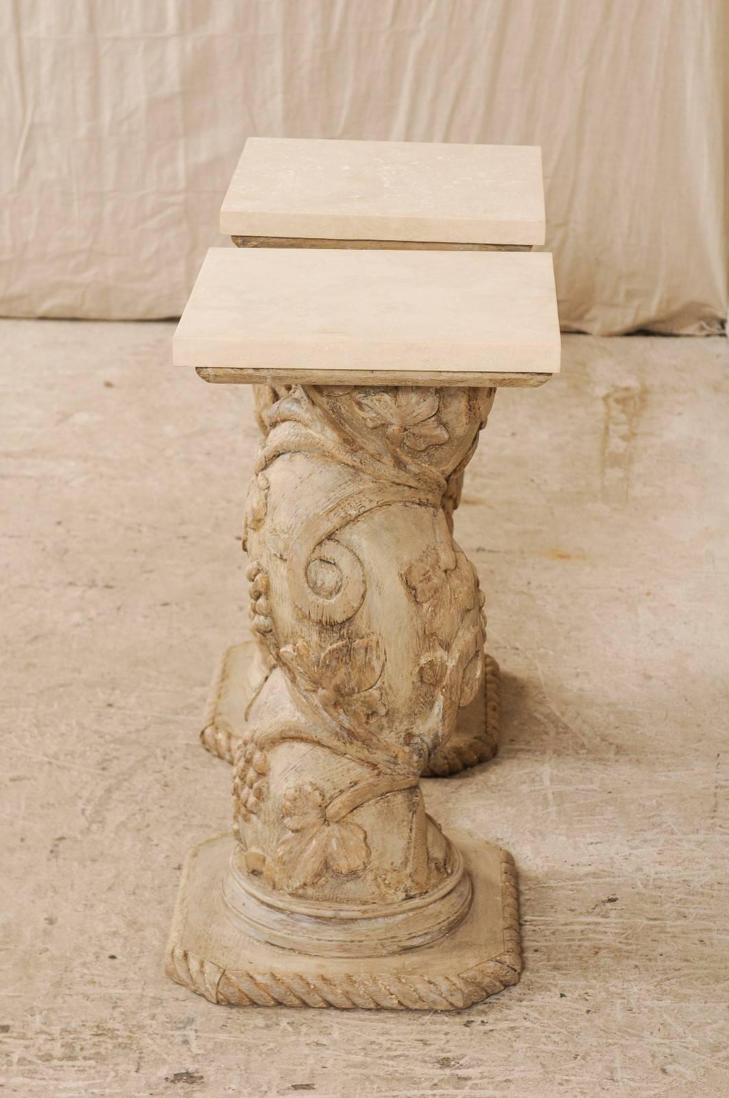 Pair of Italian 19th Century Carved Wood Twisting Pedestals with Marble Tops 2