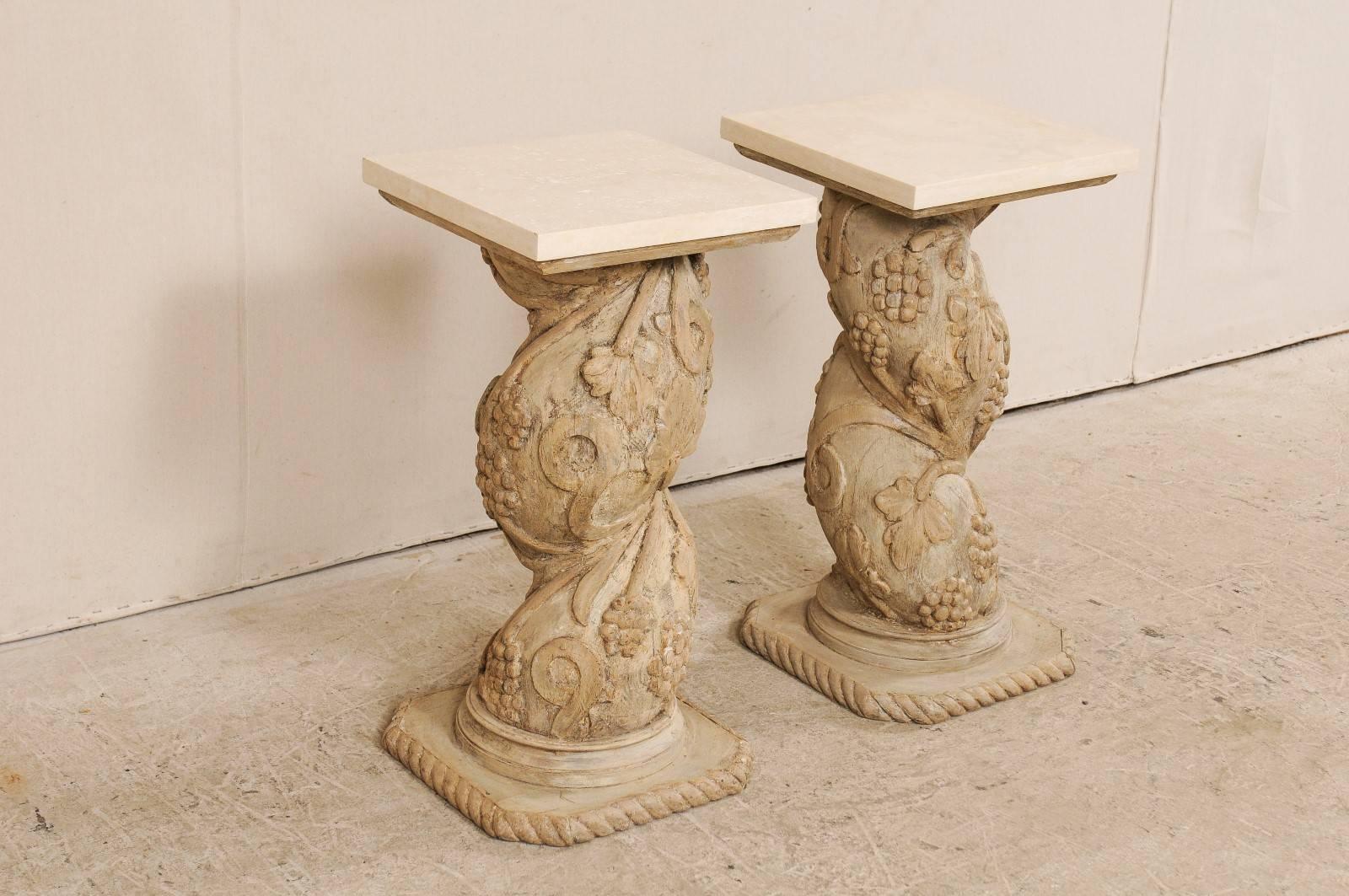 Pair of Italian 19th Century Carved Wood Twisting Pedestals with Marble Tops In Good Condition In Atlanta, GA