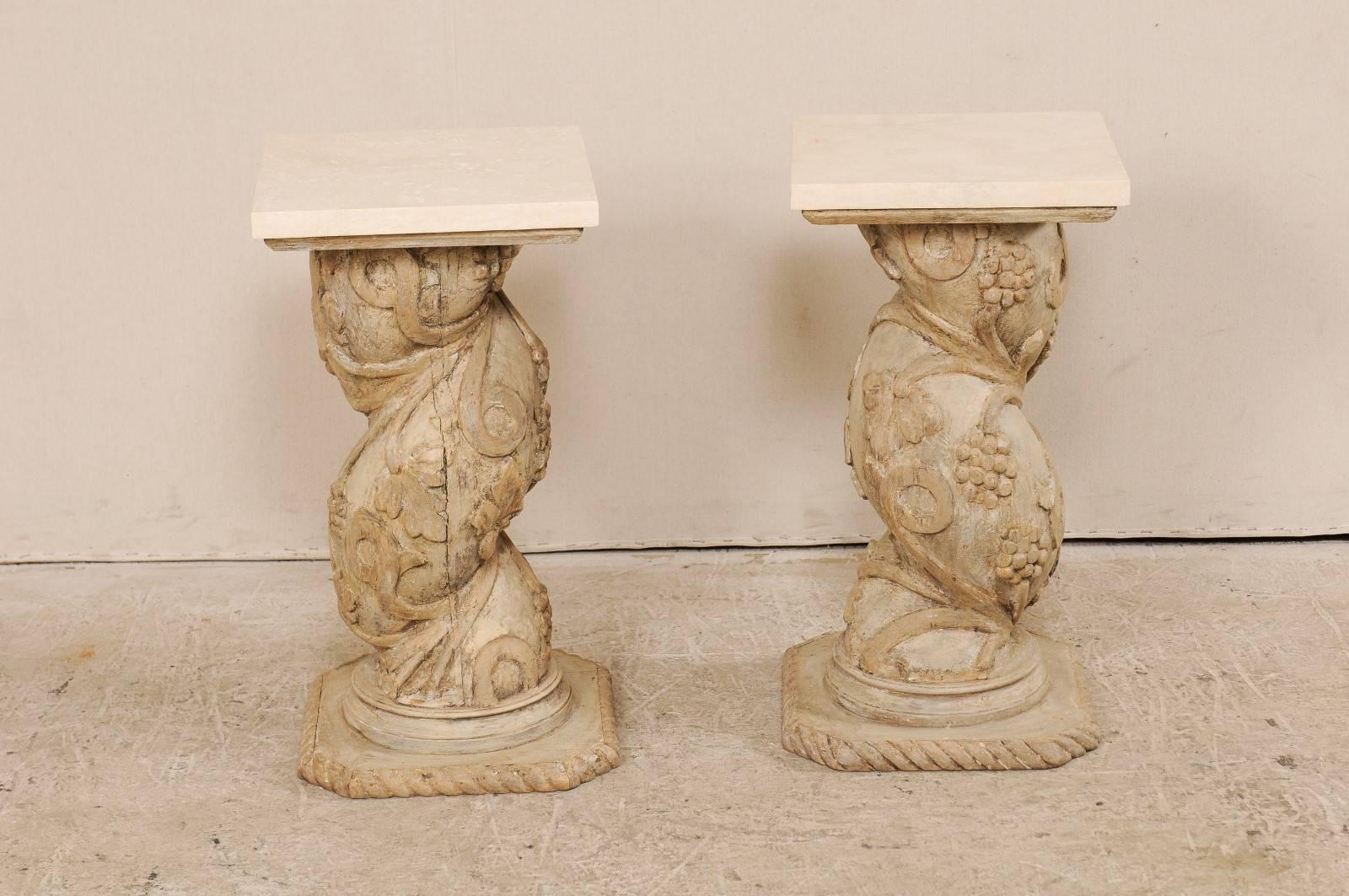 Pair of Italian 19th Century Carved Wood Twisting Pedestals with Marble Tops 7