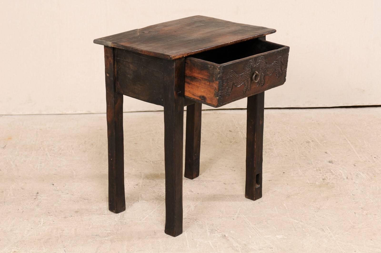 Unique Guatemalan Wood Side Table Carved w/ Primitive-Style Horse Motif 1