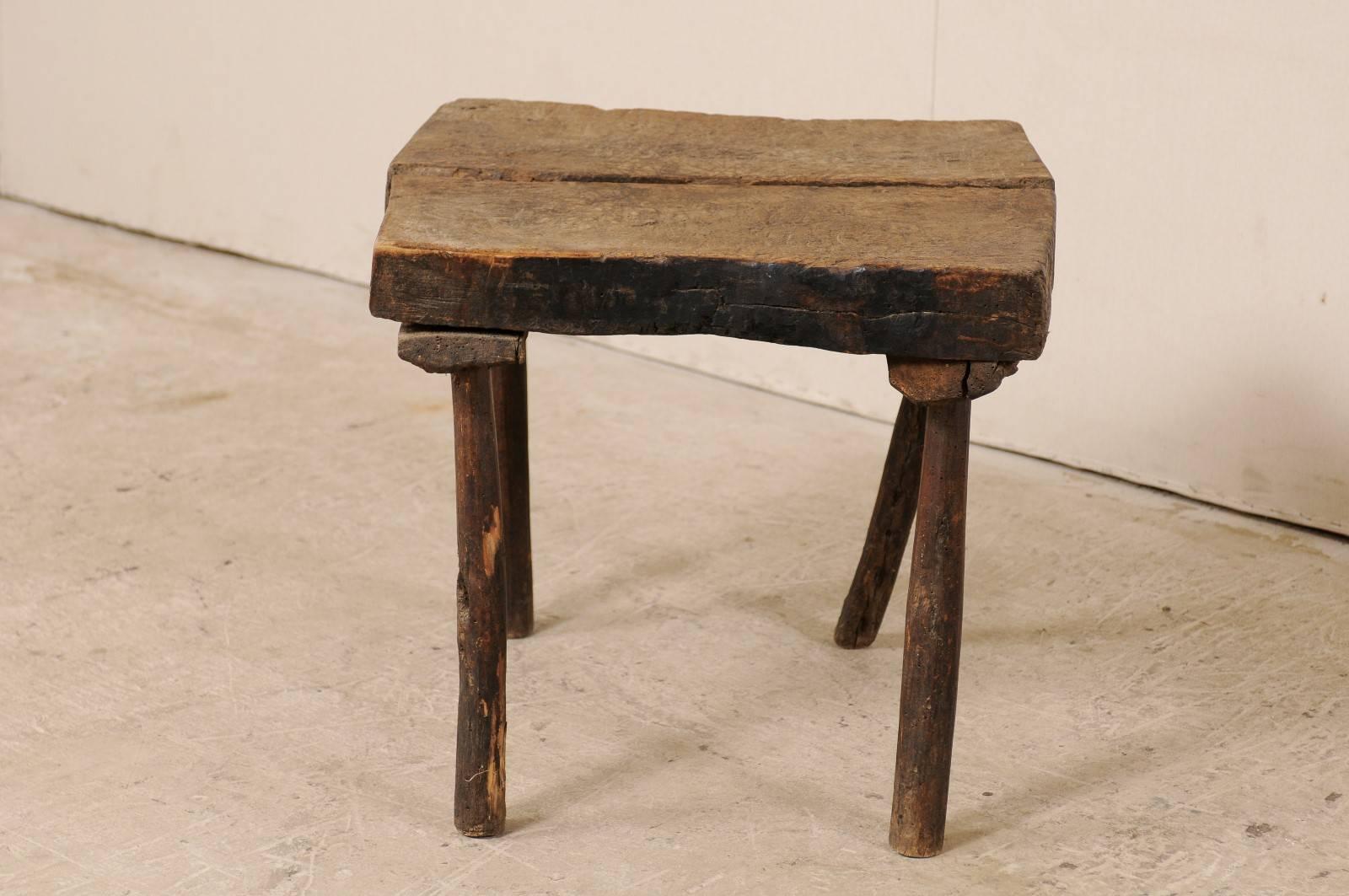 Carved French, 19th Century Cute Rustic Oak Wood Side or Drink Table with Square Top