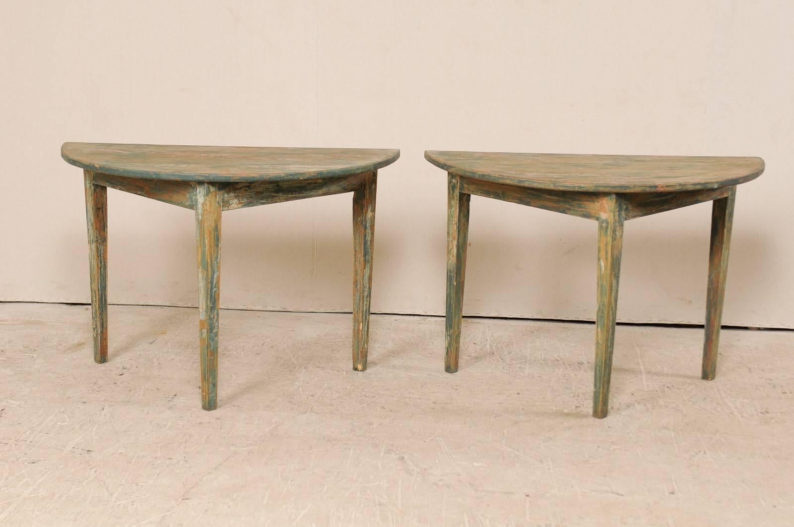 19th Century Pair of Painted Wood Swedish Demilune Tables with Traces of Original Paint