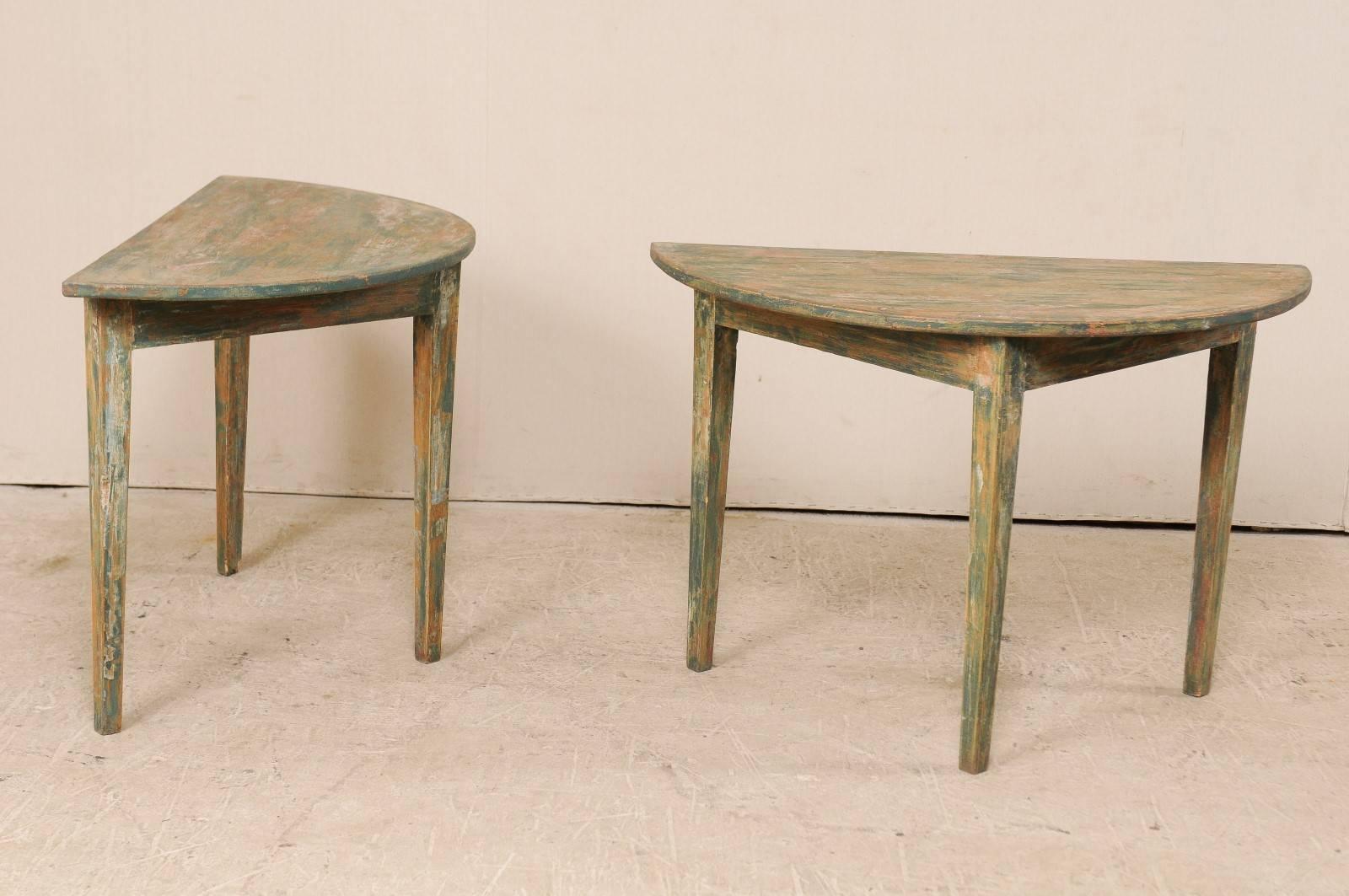 Pair of Painted Wood Swedish Demilune Tables with Traces of Original Paint 1