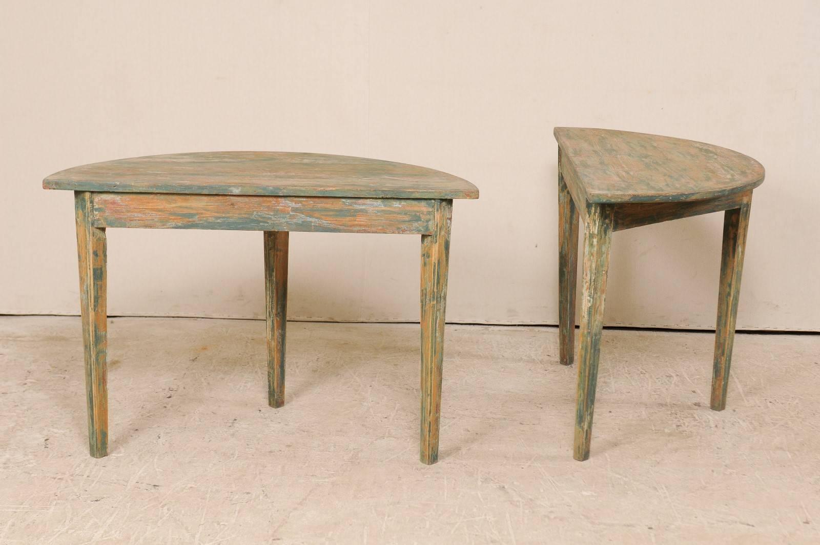 Pair of Painted Wood Swedish Demilune Tables with Traces of Original Paint 2