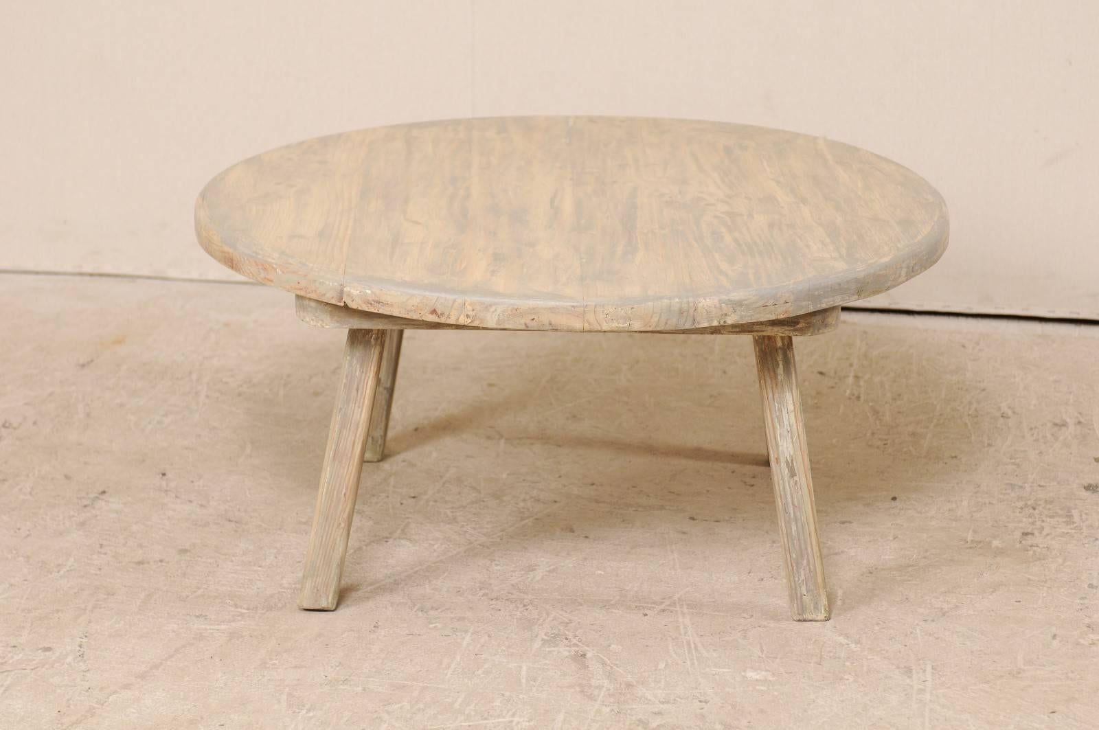 American Vintage Rustic Painted Wood Coffee Table Washed in Muted Grey and Cream Colors