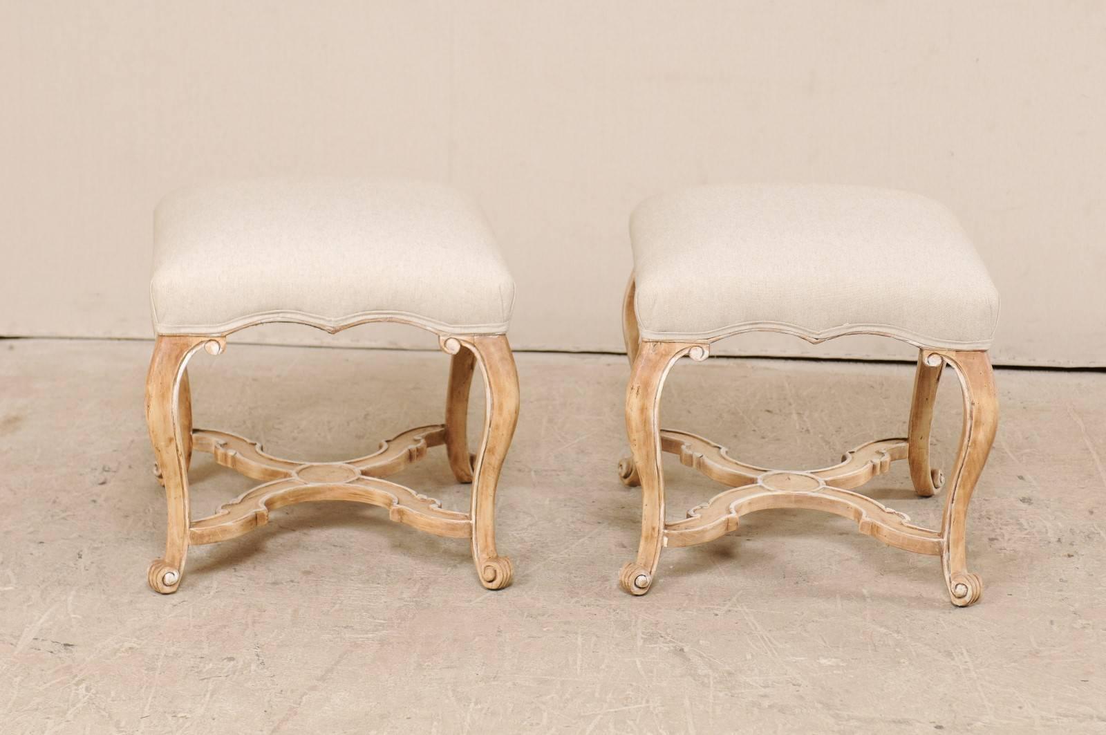 Pair of Carved Wood and Upholstered Stools with Cabriole Legs by Minton-Spidell 3