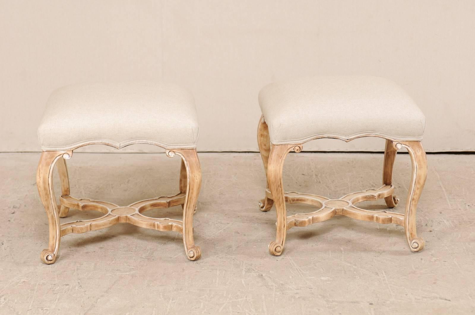 Pair of Carved Wood and Upholstered Stools with Cabriole Legs by Minton-Spidell 2