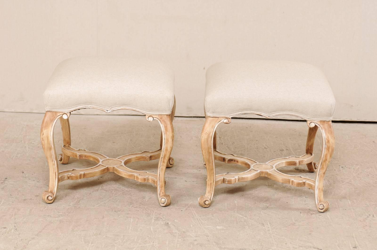 20th Century Pair of Carved Wood and Upholstered Stools with Cabriole Legs by Minton-Spidell