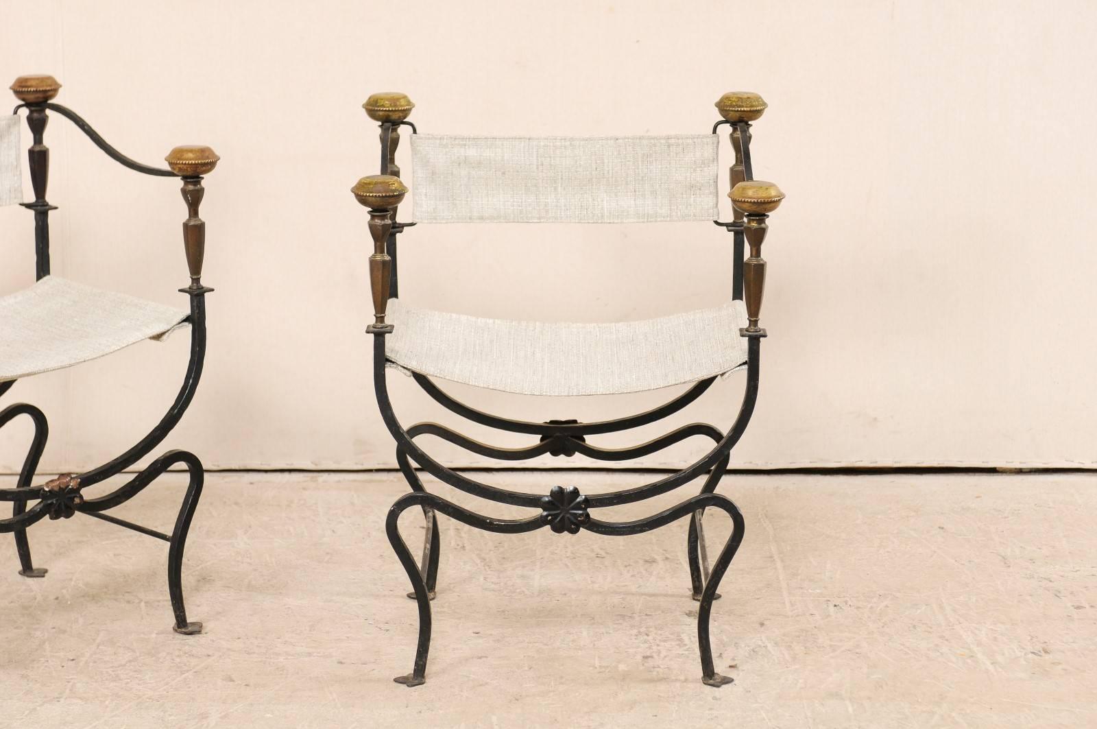 Metal Pair of Italian Curule Savonarola Chairs from the Early 20th Century