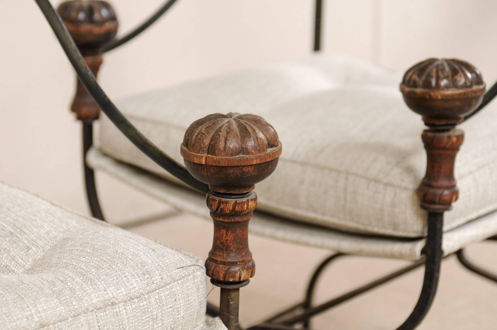 Pair of Italian Dante Iron and Upholstered Chairs with Carved Round Finials 4