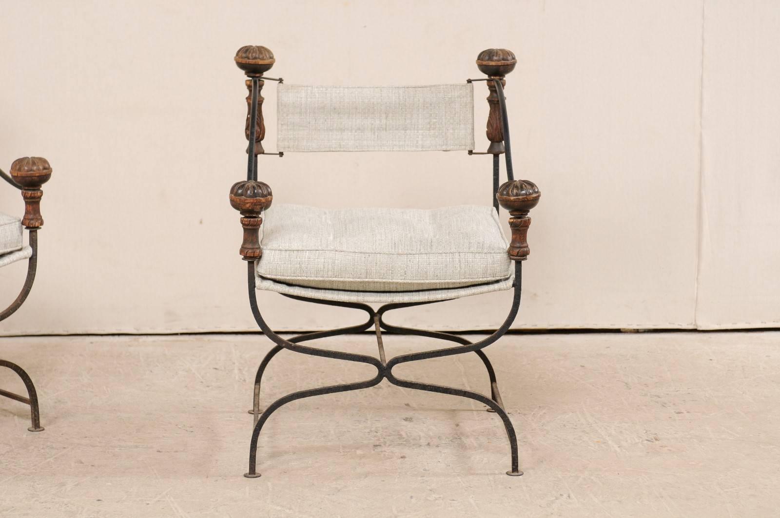 Pair of Italian Dante Iron and Upholstered Chairs with Carved Round Finials In Good Condition In Atlanta, GA