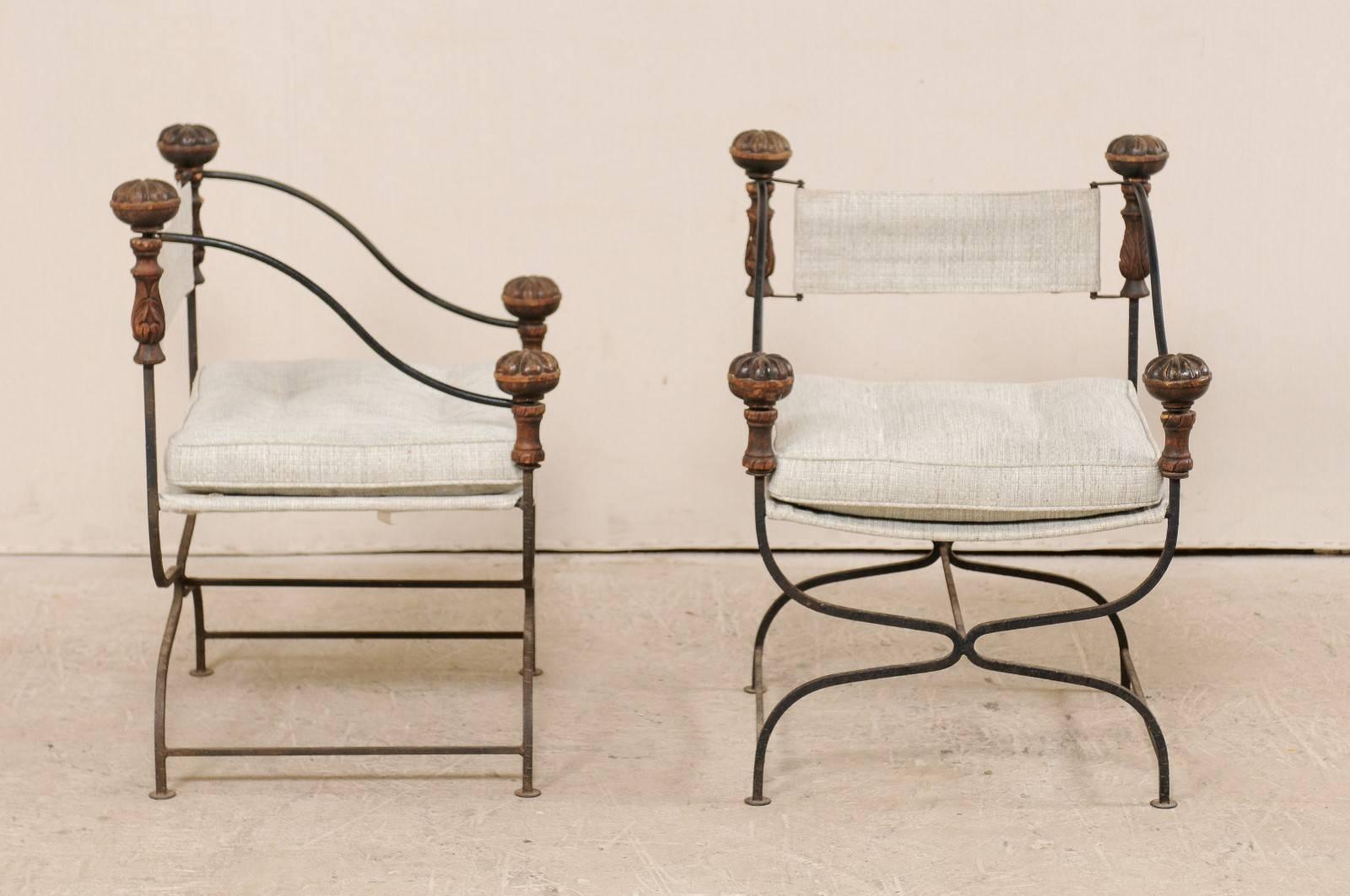20th Century Pair of Italian Dante Iron and Upholstered Chairs with Carved Round Finials