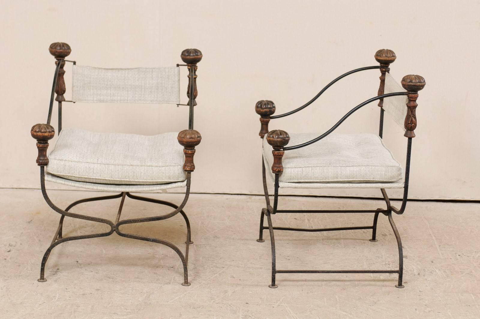 Pair of Italian Dante Iron and Upholstered Chairs with Carved Round Finials 3