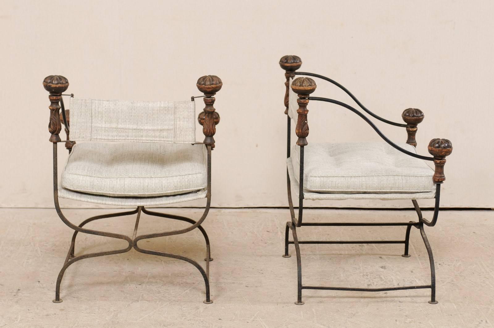 Pair of Italian Dante Iron and Upholstered Chairs with Carved Round Finials 2