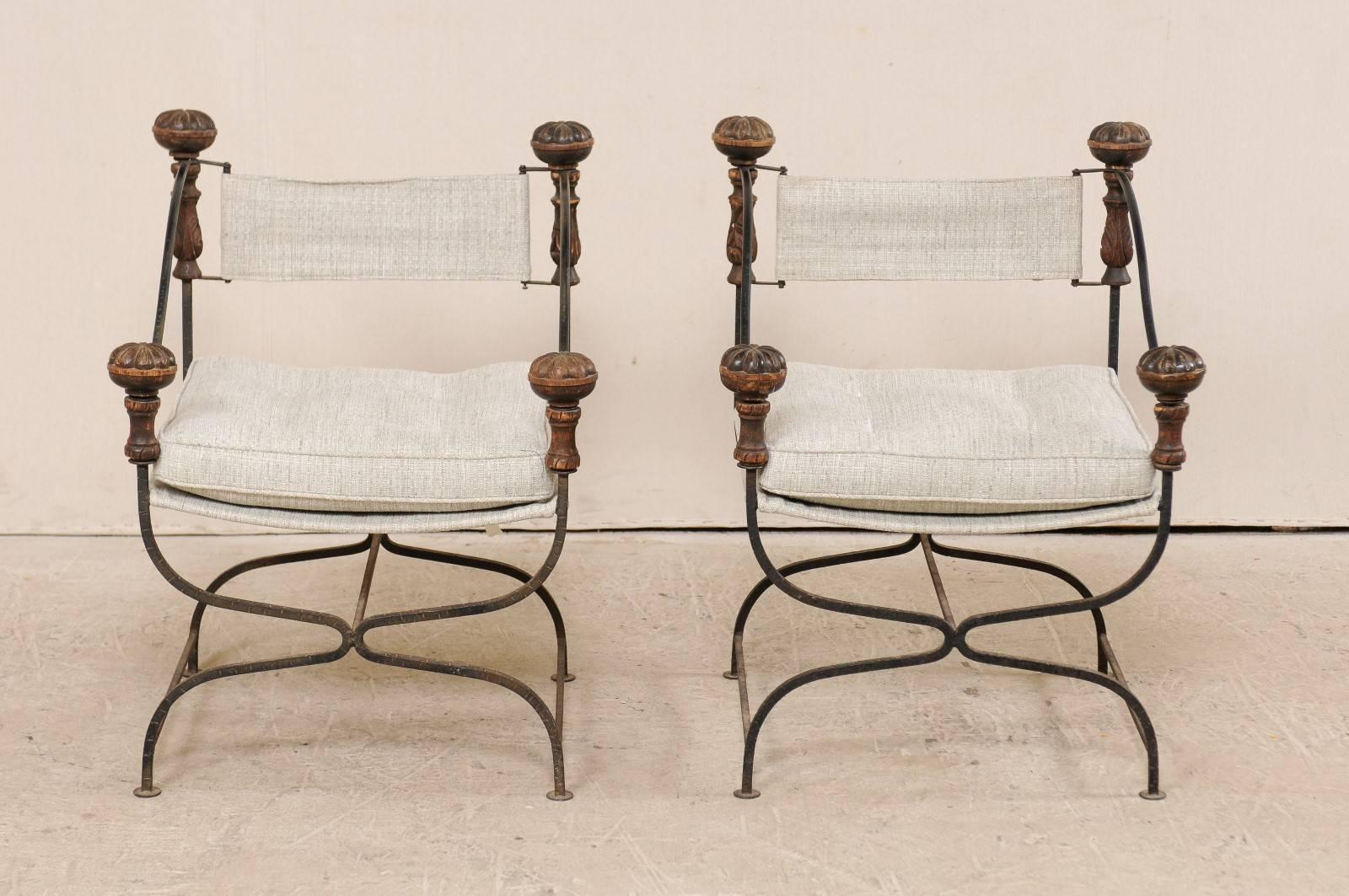 Pair of Italian Dante Iron and Upholstered Chairs with Carved Round Finials 1