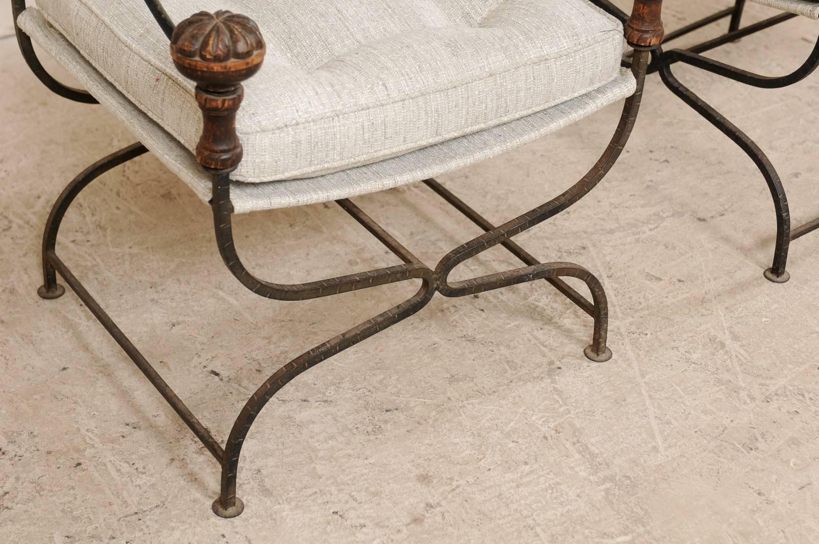 Pair of Italian Dante Iron and Upholstered Chairs with Carved Round Finials 5