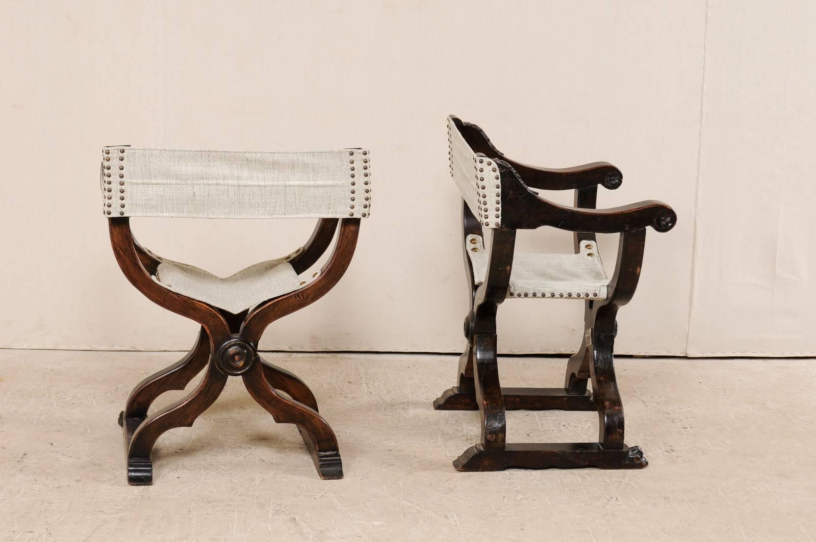 Pair of Italian X-Framed Dante Style Chairs in Rich Wood, Upholstered in Linen 1