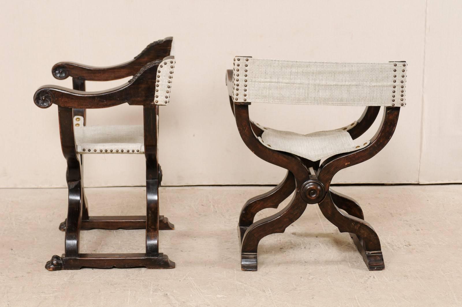 Pair of Italian X-Framed Dante Style Chairs in Rich Wood, Upholstered in Linen 2