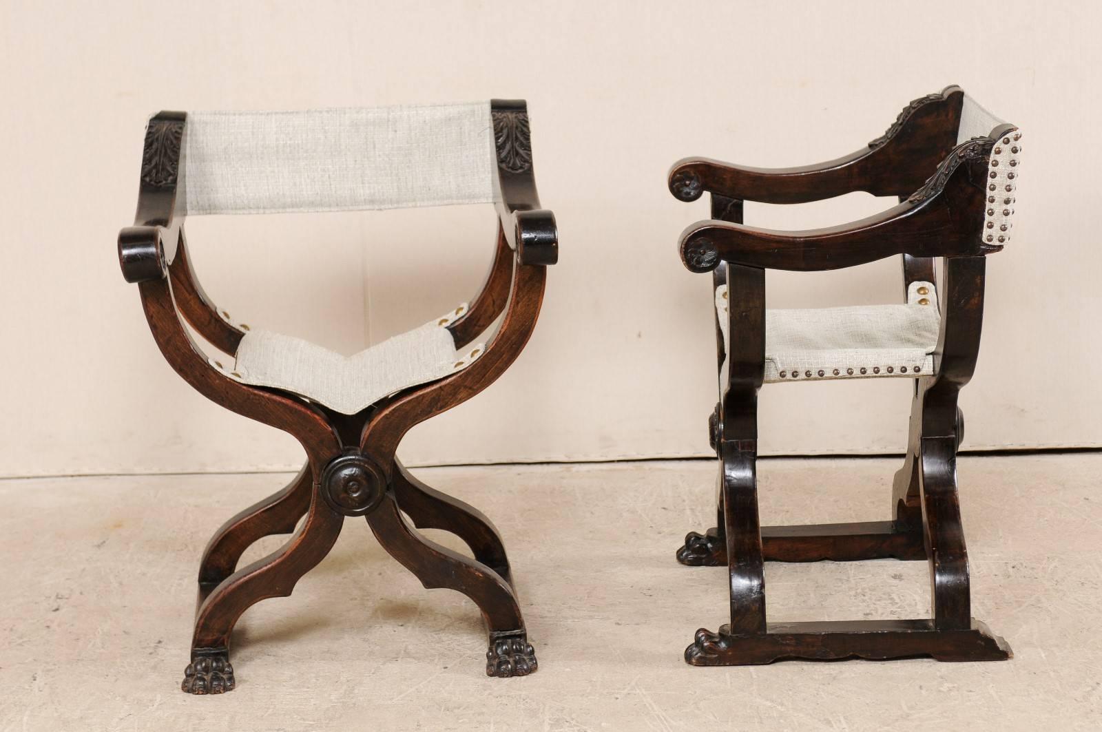 Pair of Italian X-Framed Dante Style Chairs in Rich Wood, Upholstered in Linen 3