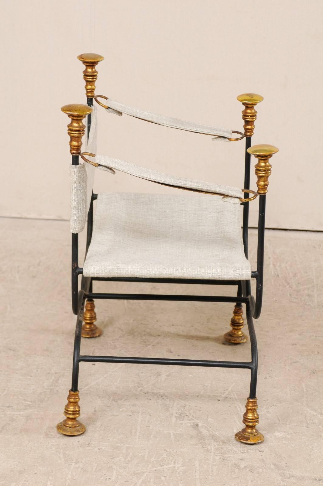 Patinated Single Italian Dante 20th Century Chair with Iron, Gold Finials and Upholstery