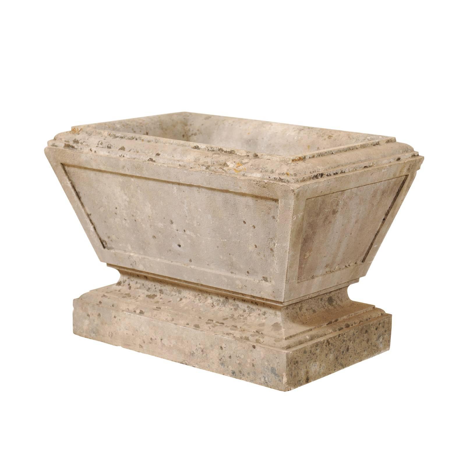 European Hand-Carved Rectangular Tapered Stone Planter, Early 20th Century