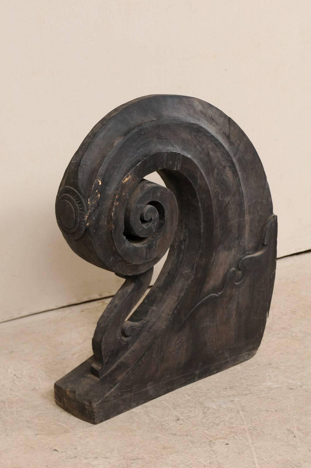 20th Century Ocean Wave Shaped Swirling Boat Prow with Delicate Carving, Kerala, South India