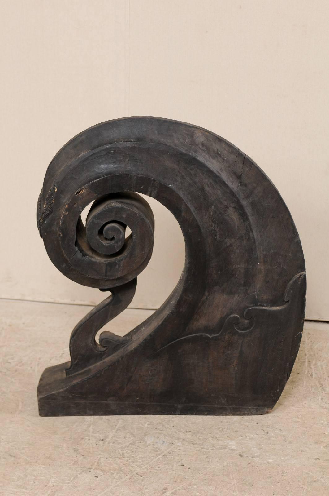 Wood Ocean Wave Shaped Swirling Boat Prow with Delicate Carving, Kerala, South India