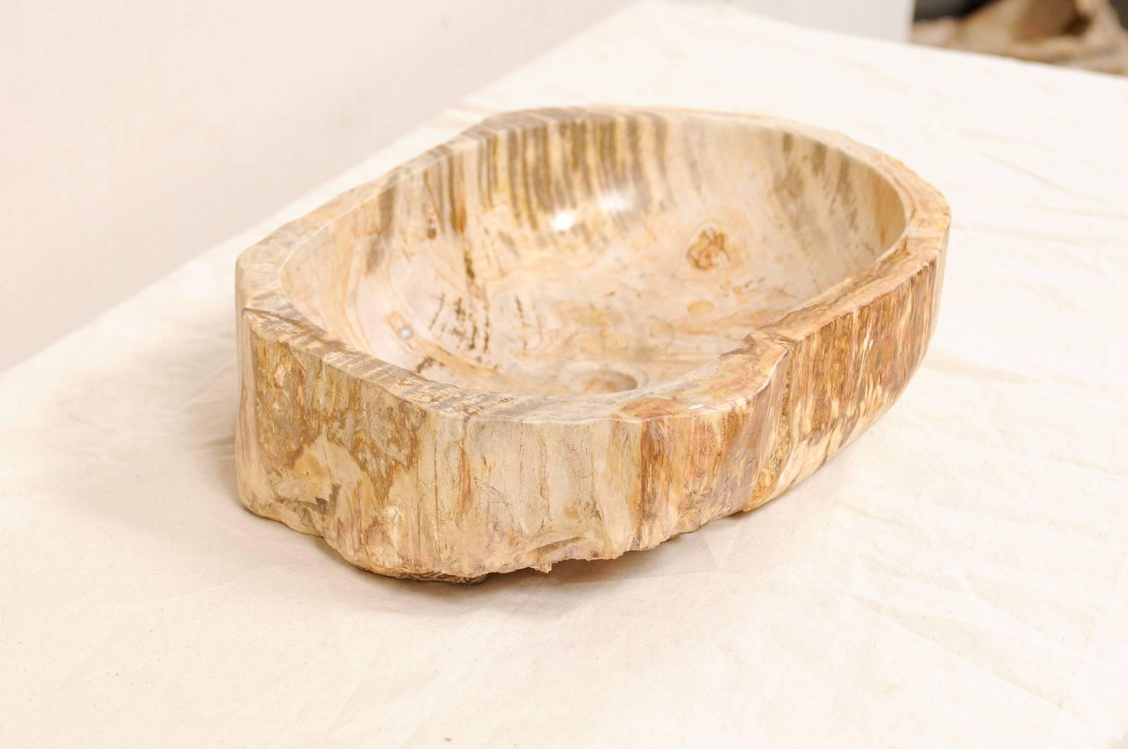 An Oval Shaped Petrified Wood Sink with Polished Basin and Live-Edge Exterior In Good Condition For Sale In Atlanta, GA